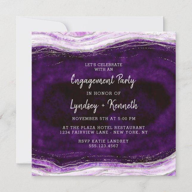Invitation Amethyst Purple & Silver Geode Engagement Party (Devant)