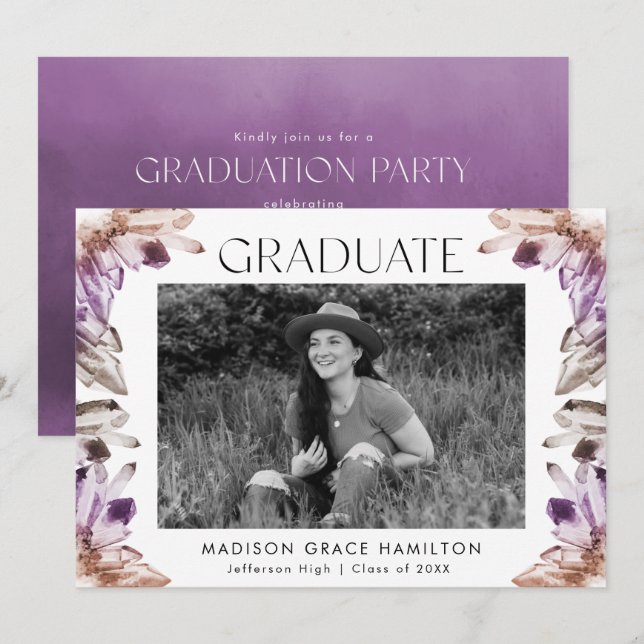 Invitation Amethyst Watercolor Crystal Photo Graduation Party (Devant / Derrière)
