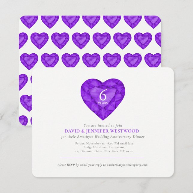 Invitation Améthyste 6ème anniversaire de mariage gemme viole (Devant / Derrière)