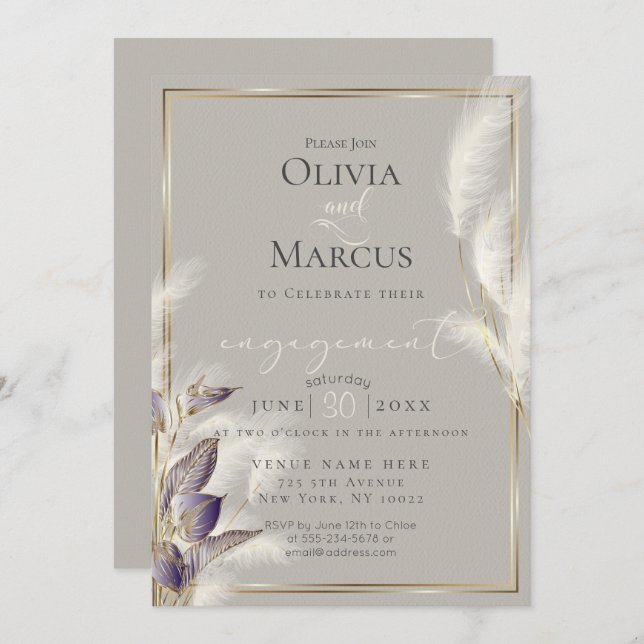 Invitation Améthyste Anthurium et Pampas de plumes Grass (Devant / Derrière)