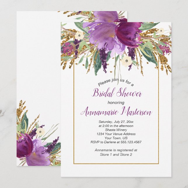Invitation Améthyste Purple Gold Parties scintillant Fête des (Devant / Derrière)
