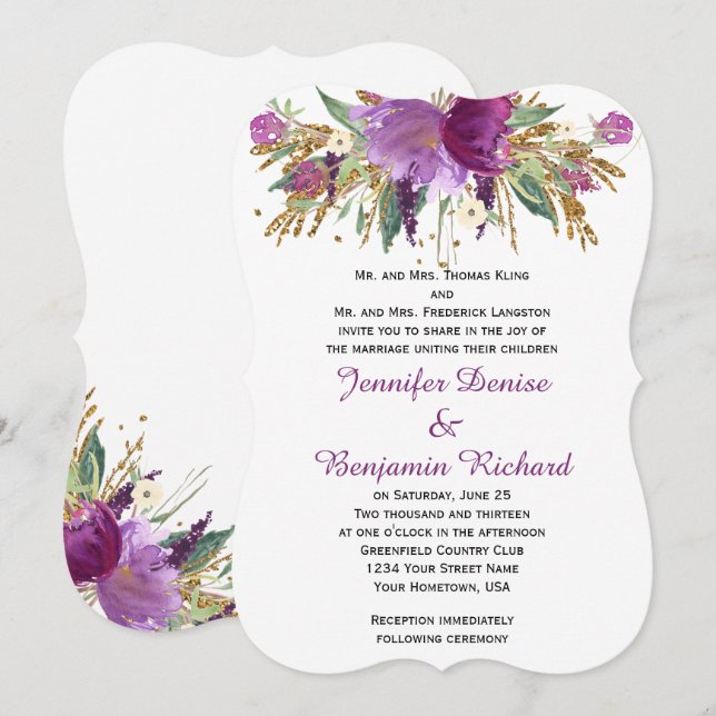 Invitation Améthyste violet or Aquarelle Fleurs Mariages (Devant / Derrière)