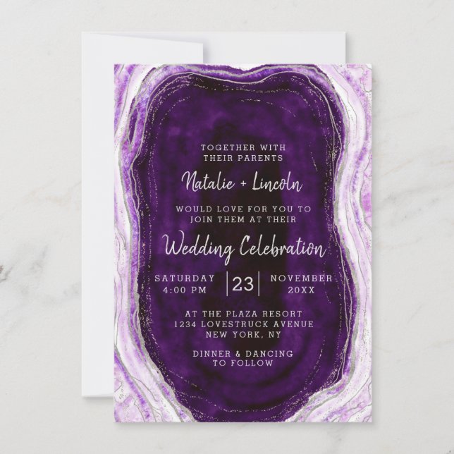 Invitation Améthyste Violet & Tranche de Géode en Agate Maria (Devant)