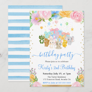Invitation Amis d'animaux floraux aquarelle fête d'anniversai