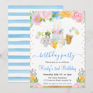 Invitation Amis d'animaux floraux aquarelle fête d'anniversai