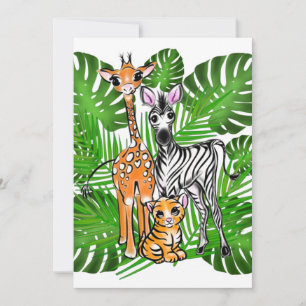 Invitation Amis de safari, girafe, zèbre, tigre, feuilles de