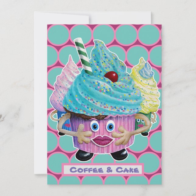 Invitation Amis décontractés et drôles, gâteau et café de fam (Devant)