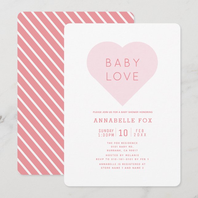 Invitation Amour bébé | Pink Heart Valentine's Day Baby showe (Devant / Derrière)
