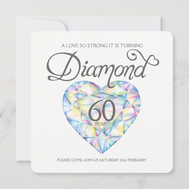 Invitation Amour de noces de diamant si fort cœur aquarelle (Devant)