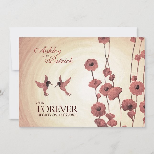 Invitation Amour des colibris et Mariage des fleurs rouges pe (Devant)
