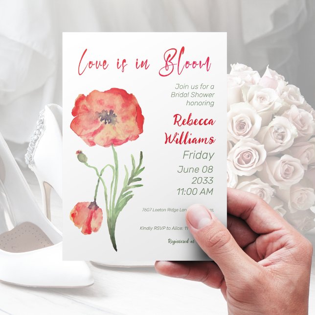 Invitation Amour en Fleur Aquarelle rouge Fête des mariées fl (Créateur téléchargé)