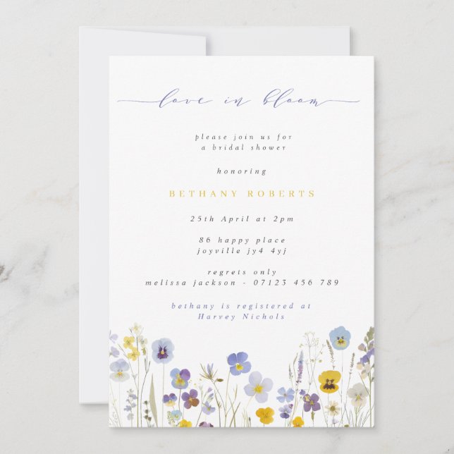 Invitation Amour en Fleur Bleu & Pansies Jaunes Fête des mari (Devant)