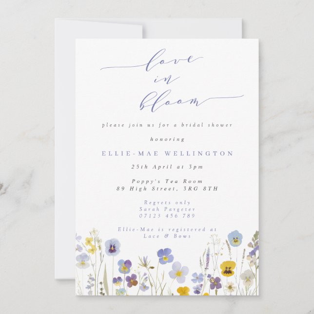 Invitation Amour en Fleur Bleu & Pansies Jaunes Fête des mari (Devant)