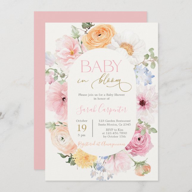 Invitation Amour en Fleur Printemps Fleur Baby shower Fille (Devant / Derrière)