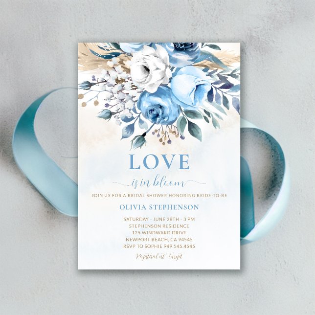 Invitation Amour en fleur Quelque chose de bleu Rose Fête des (something blue bridal shower invitation dusty roses wheat watercolor romantic garden backyard)