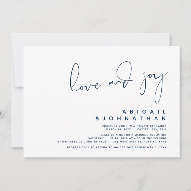 Invitation Amour et joie, Elopement Mariage moderne, Bleu de  (Devant)