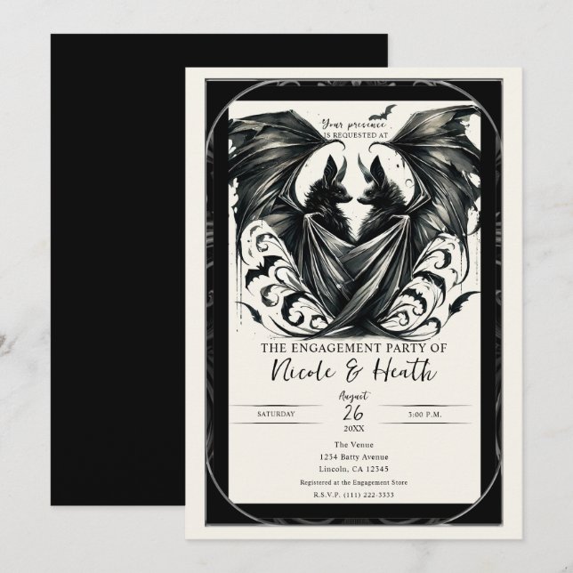 Invitation Amour Gothique Argent Crème Noire Bats Engagement (Devant / Derrière)