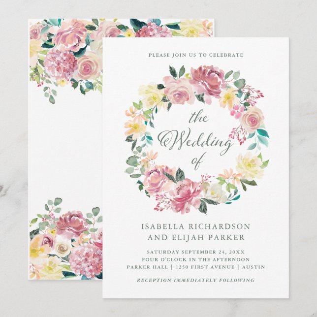 Invitation Amour merveilleux | Aquarelle rose Mariage (Devant / Derrière)