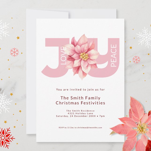 Invitation Amour Paix Joie Rose Poinsettia Noël (Créateur téléchargé)