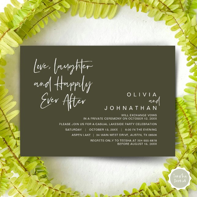 Invitation Amour, rire et Happy toujours après, Elopement I (Love, Laughter and Happily Ever After, Wedding Elopement Dinner Invitation Card, in Olive Green)