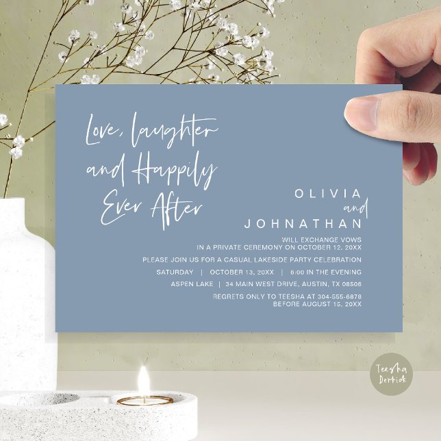 Invitation Amour, rire et Happy toujours après, Elopement I (Love, Laughter and Happily Ever After, Wedding Elopement Dinner Invitation Card, in Dusty Blue)