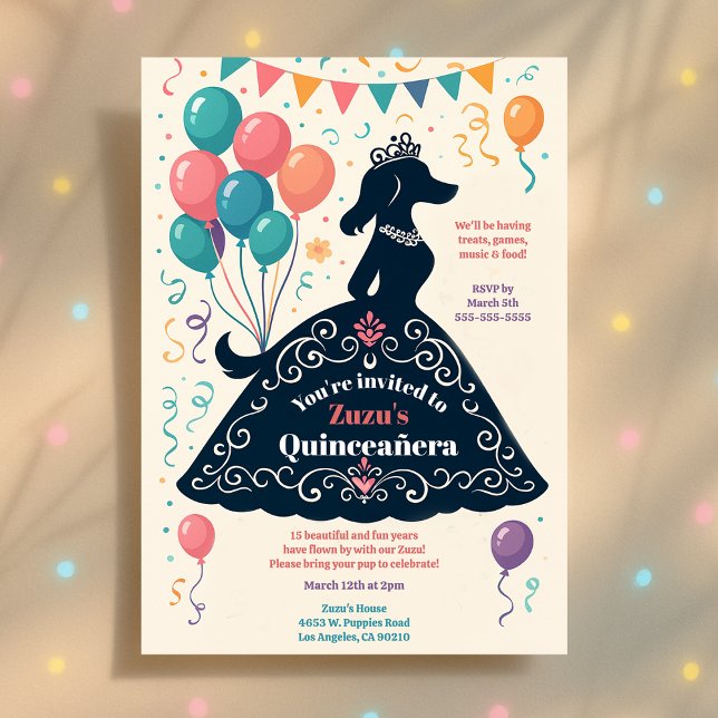 Invitation Amoureux des chiens belle Quinceañera fête d'anniv (Dog Lover's Beautiful Quinceañera Birthday Fiesta Invitation)