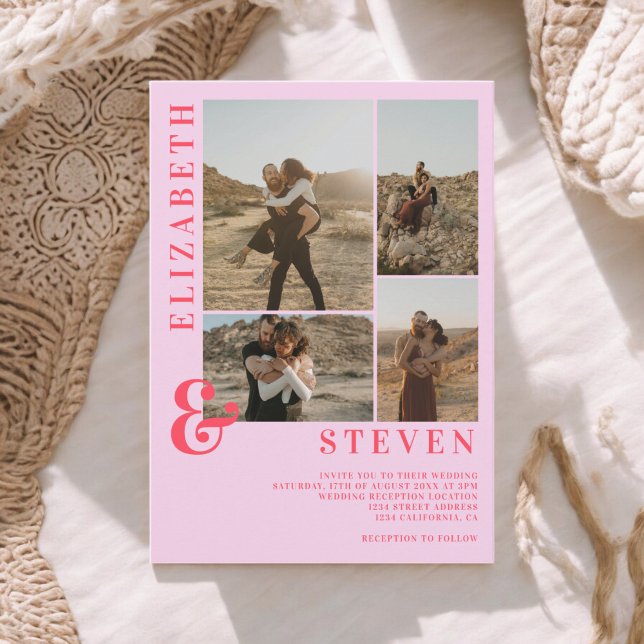 Invitation Ampersan rose rouge moderne et 5 mariage de grille (Modern pink red ampersand 5 photo grid wedding invitation)