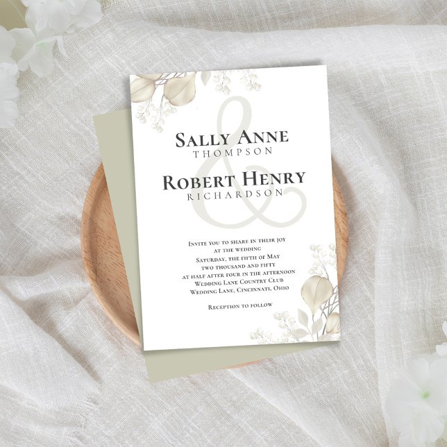 Invitation Ampersand de script de calligraphie mariage (Simple and elegant sage green and cream foliage wedding invitation.)