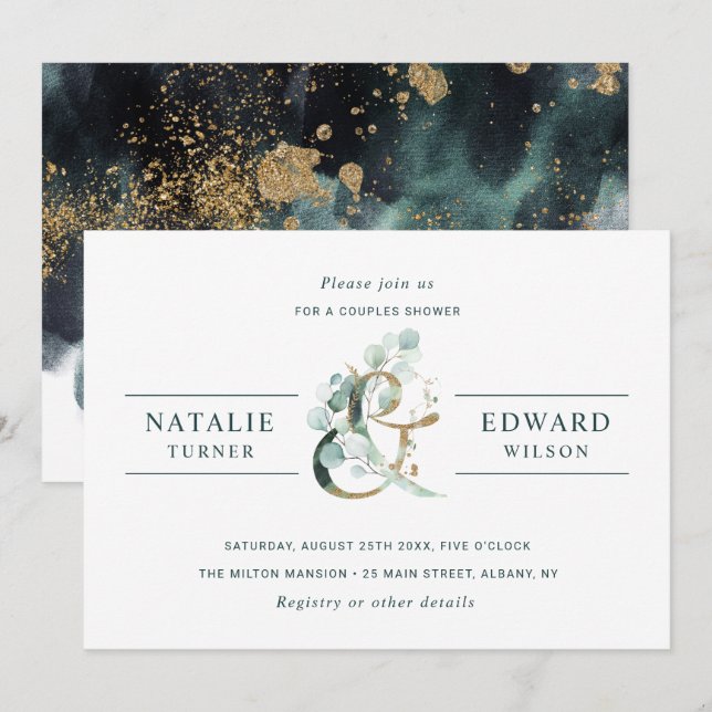 Invitation Ampersand Gold Greenery Mariage Couples douche (Devant / Derrière)