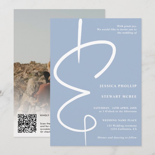 Invitation Ampersand photo script bleu glace Qr code mariage (Devant / Derrière)
