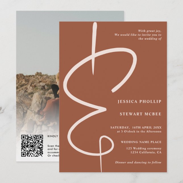 Invitation Ampersand photo script en terre cuite code Qr mari (Devant / Derrière)