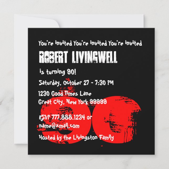 Invitation Amusant 90 ans 90e anniversaire Modèle A01G (Devant)