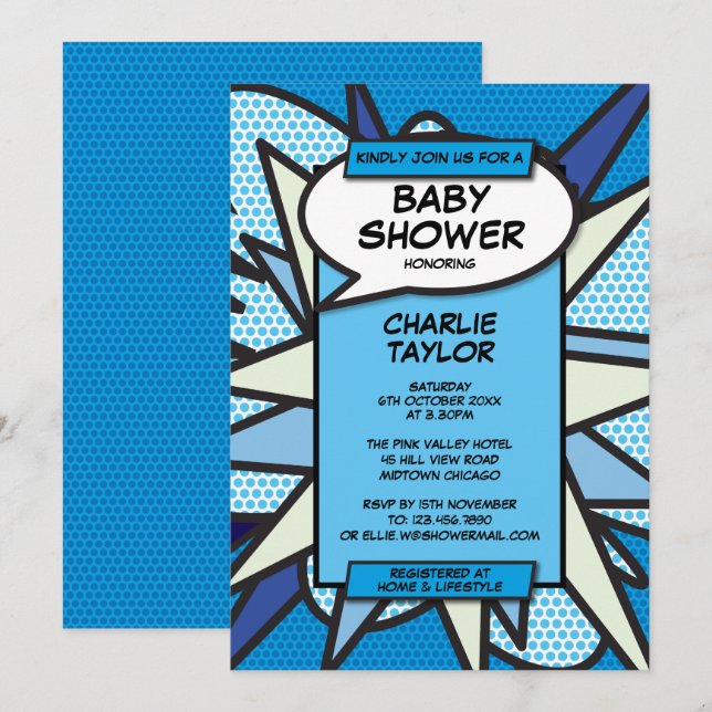 Invitation Amusant Baby shower moderne garçon Bleu BD (Devant / Derrière)