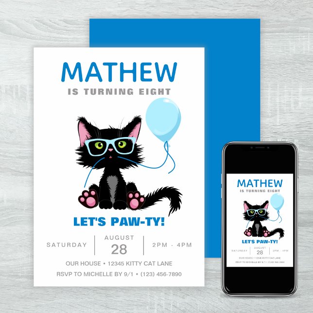 Invitation Amusant Chat Party Kitten Ballons Anniversaire de  (Funny Cat Party Kitten Balloons Kids Birthday Invitation)