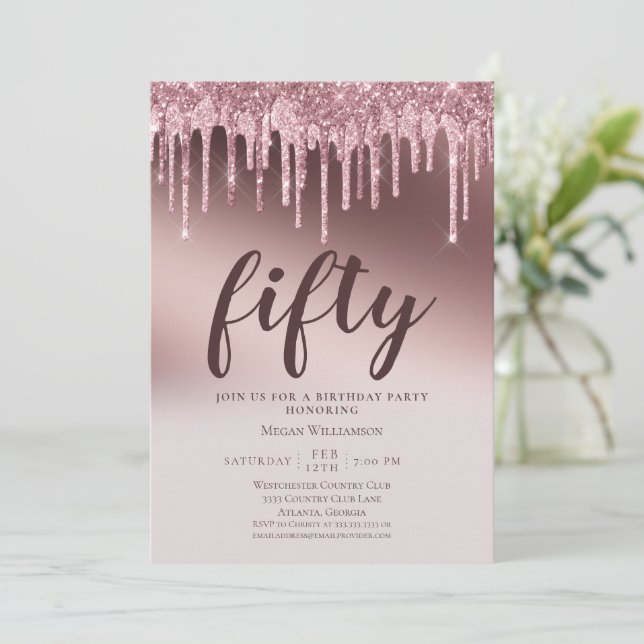 Invitation Amusant Cinquante Surprise Parties scintillant ros (Debout devant)