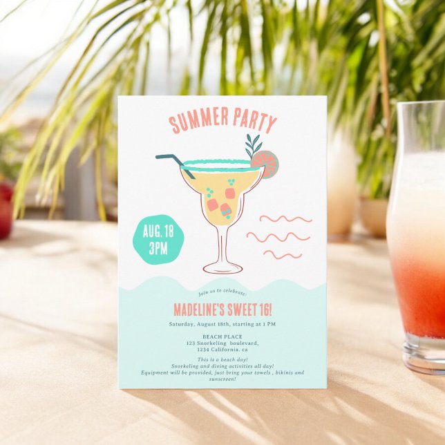 Invitation Amusant Cocktail illustration plage d'été Sweet 16 (Fun Cocktail illustration summer beach Sweet 16 Invitation)