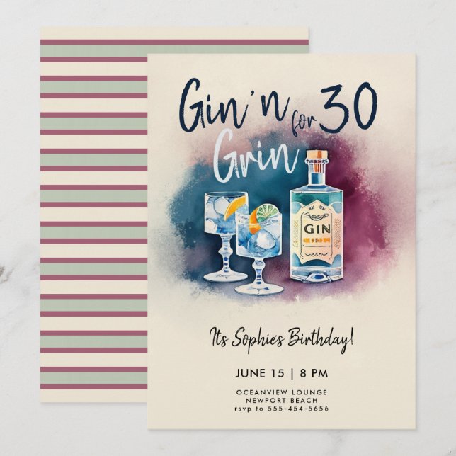 Invitation Amusant Gin n Grin Party Stripe moderne 30e annive (Devant / Derrière)
