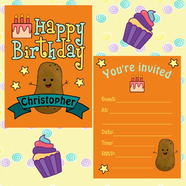Invitation Amusant Joyeux Anniversaire Pomme de terre personn (Cute Potato Birthday Invitations)