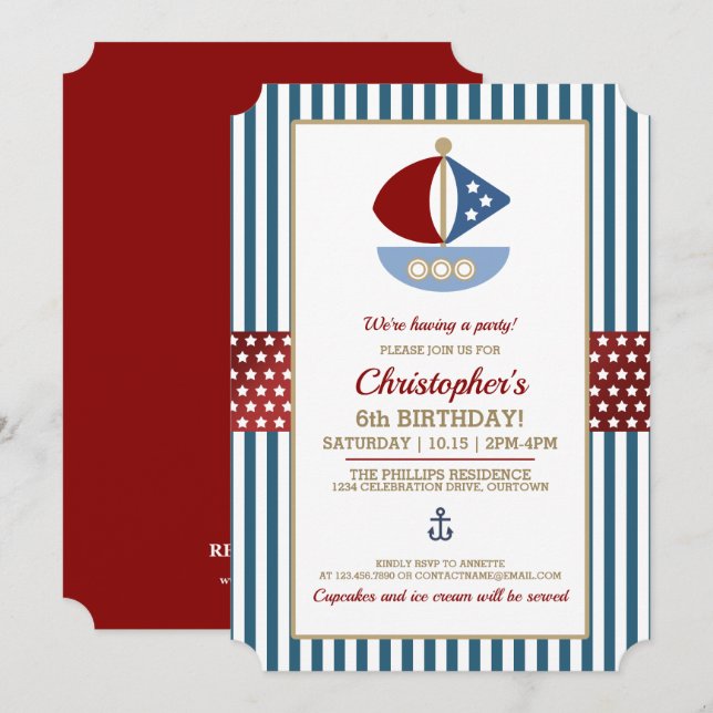 Invitation Amusant Nautique Thème Anniversaire Fête (Devant / Derrière)