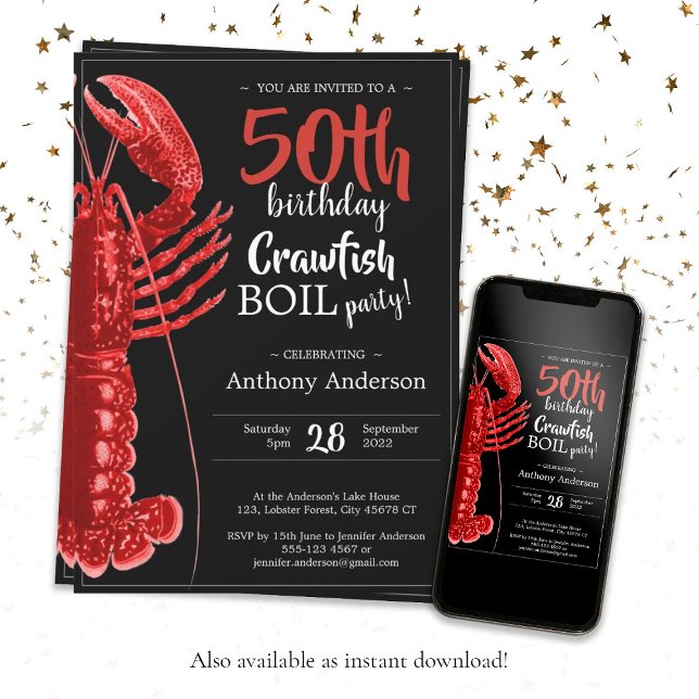 Invitation Amusant Noir Rouge 50e Anniversaire Crawfish Boil (Fun 50th Birthday Party Crawfish Boil Black Red Invitation)