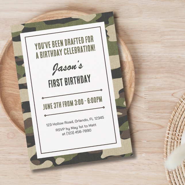 Invitation Amusant premier anniversaire militaire Camouflage  (Créateur téléchargé)