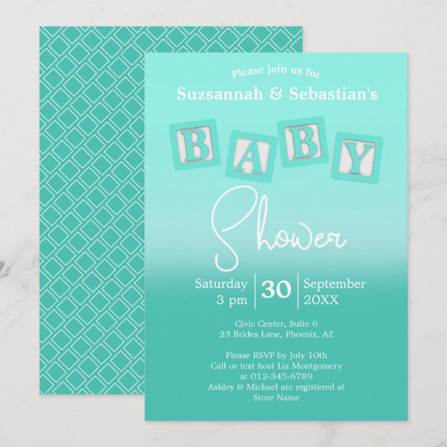 Invitation Amusant Turquoise Ombre BABY Blocks douche Invitat (Devant / Derrière)