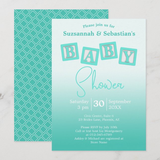 Invitation Amusant Turquoise Ombre BABY Blocks douche Invitat (Devant / Derrière)
