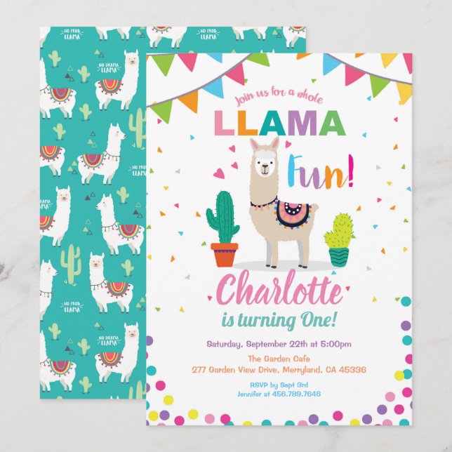 Invitation amusante à l'anniversaire de Llama. Pre (Devant / Derrière)
