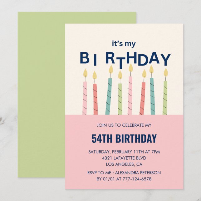 Invitation Amusante bougie rose vert 54e anniversaire invitat (Devant / Derrière)