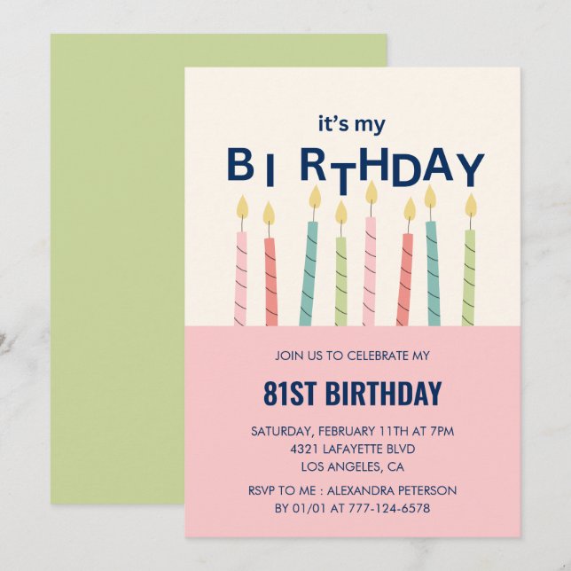 Invitation Amusante bougie rose Vert 81e anniversaire invitat (Devant / Derrière)