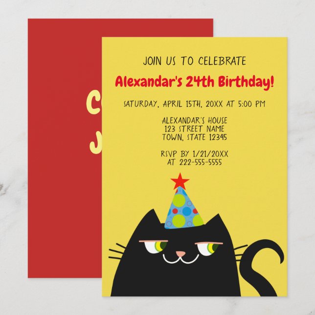 Invitation Amusante fête d'anniversaire de chat noir (Devant / Derrière)