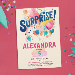 Invitation Amusante Fille Colorée Surprise Ballon Anniversair