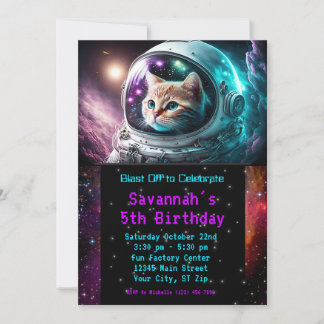 Invitation Amusante Galaxie Space Cat Astronaut fête d'annive