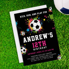 Invitation Amusante Jeune Fille Rose Et Noir Soccer Balls Spo